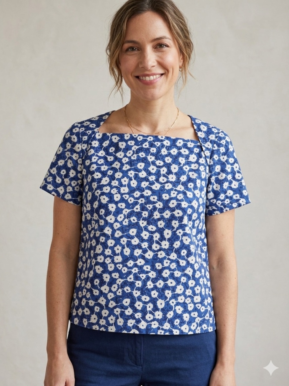 Kate Spade Saturday Sz M Blue Ditsy Floral Daisies Blouse